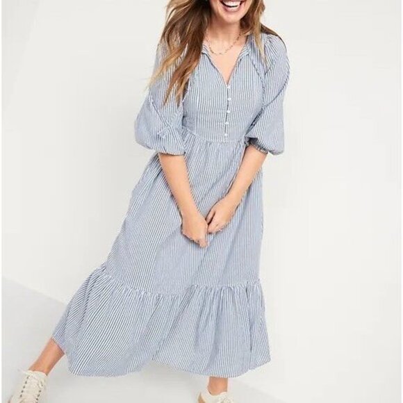 Old Navy Size 4X All Day Swing 3/4 Sleeve Blue Coastal Striped Womens Maxi Dress - Picture 2 of 9